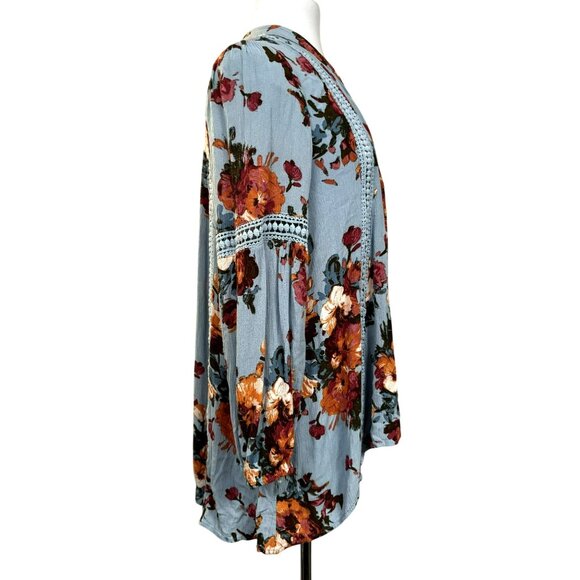 blu pepper Womens L Floral BoHo Peasant Tunic Top Crochet Detail Long Sleeve - Picture 3 of 8